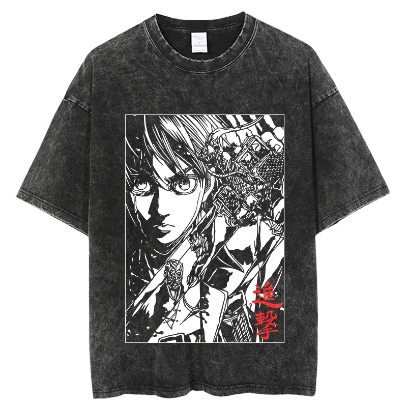 Anime Attack on Titan Tshirts Vintage Washed T Shirt Harajuku Oversize Cotton Tee Cotton Fashion Streetwear Unisex Top - StickEmUpDesigns.ca