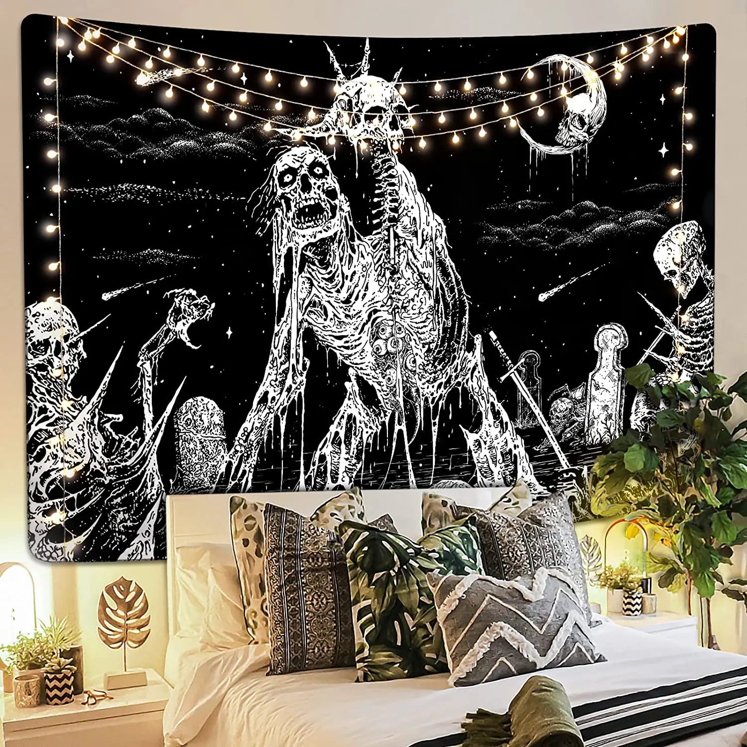 Gothic Skull  Skeleton Tapestry Wall Hanging for Bedroom Hippie Eyes Boho Home Decor Trippy Moon Cloth
