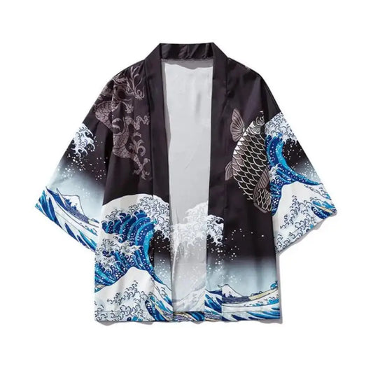 Japanese Kimono, Wave Carp, 3D Print Pattern Coat, Green Traditional Haori Cardigan, Japan Black Beach Clothing
