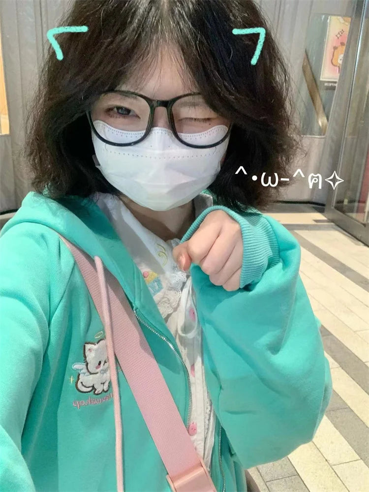 QWEEK Harajuku Kawaii Zip Up Hoodie Women Cat Ear Japanese Y2K Cute Hooded Jacket Oversized Sweet Lolita Style Girly Sweatshirts