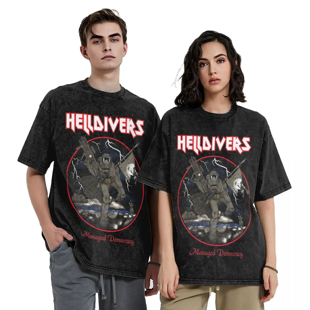 Helldivers 2 Automatons Managed Democracy Outfit Washed T Shirts Streetwear Novelty T-Shirt Video Gaming Helldivers Skull Tees